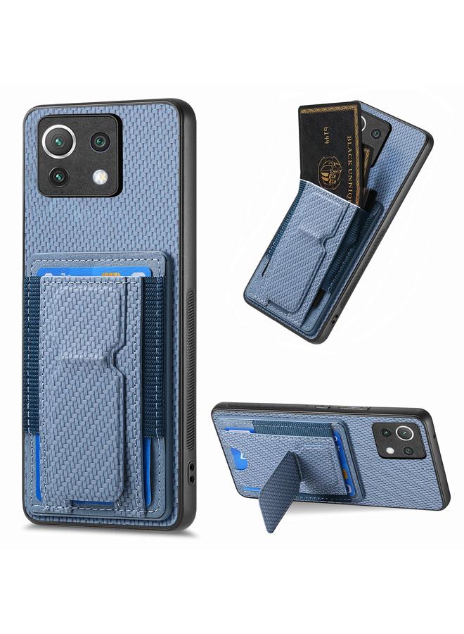 Green Tiger For Xiaomi Mi 11 Lite Carbon Fiber Fold Stand Elastic Card Bag Phone Case(Blue)