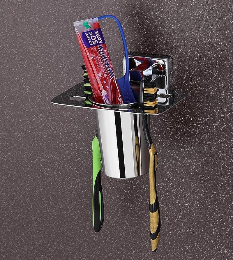 iSTAR Stainless Steel Wall Mounted Toothbrush and Tumbler Set | Durable Multipurpose Toothpaste with Square Holder for Bathroom, Wash Basin, Hotels and Home (Chrome Finish, Pack of 2) - Image 3