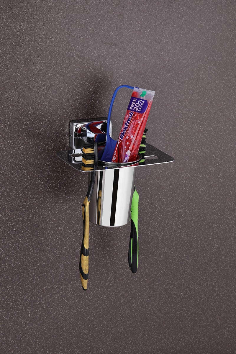 iSTAR Stainless Steel Wall Mounted Toothbrush and Tumbler Set | Durable Multipurpose Toothpaste with Square Holder for Bathroom, Wash Basin, Hotels and Home (Chrome Finish, Pack of 2) - Image 2