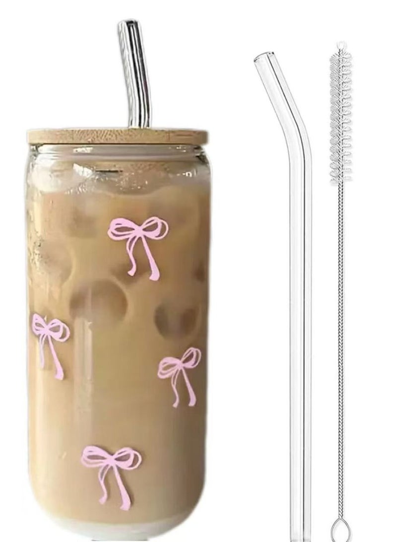 جوسكوين أكواب زجاجية مع أغطية وقشات، كوب قهوة مثلجة بزخرفة فيونكة وردية جميلة، كوب عصير لطيف مع فرشاة تنظيف، هدايا للفتيات والصديقات، 16 أونصة - Image 1