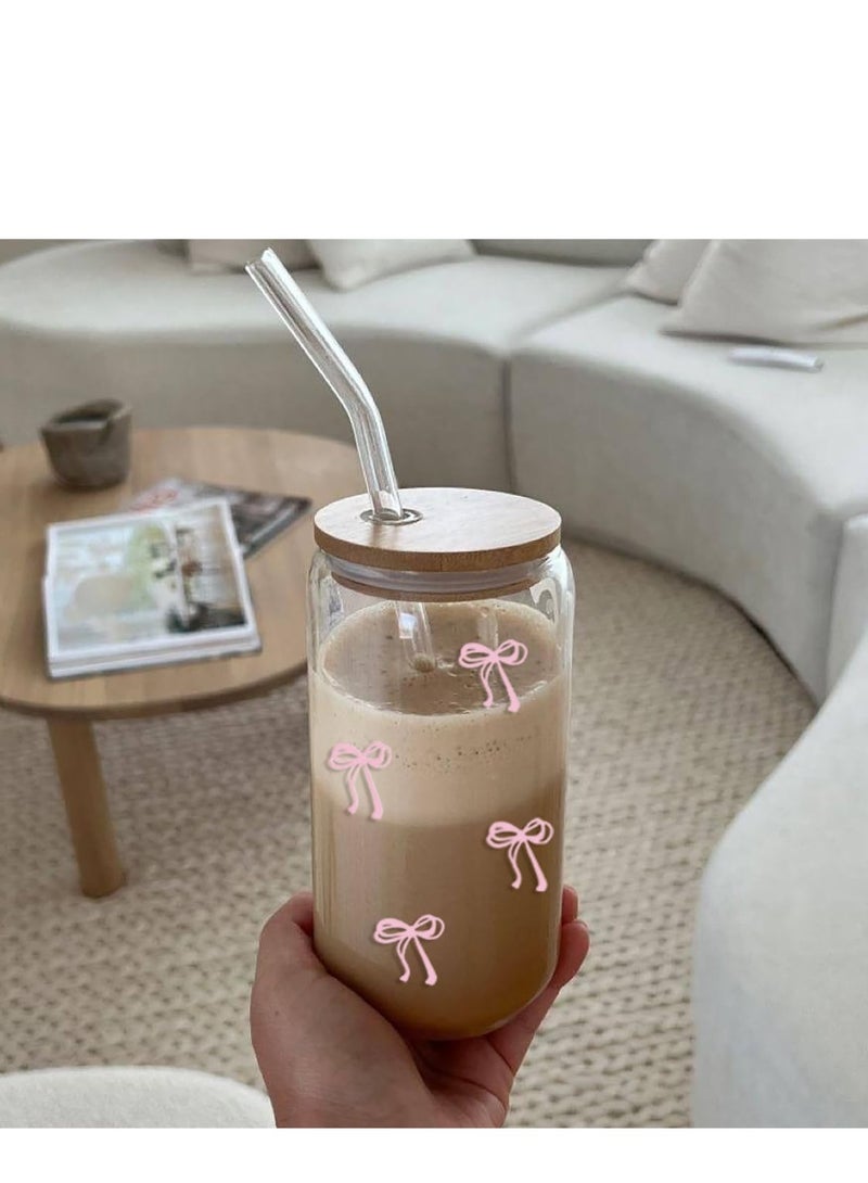 جوسكوين أكواب زجاجية مع أغطية وقشات، كوب قهوة مثلجة بزخرفة فيونكة وردية جميلة، كوب عصير لطيف مع فرشاة تنظيف، هدايا للفتيات والصديقات، 16 أونصة - Image 4