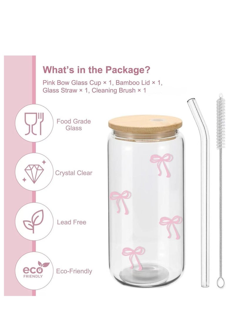 جوسكوين أكواب زجاجية مع أغطية وقشات، كوب قهوة مثلجة بزخرفة فيونكة وردية جميلة، كوب عصير لطيف مع فرشاة تنظيف، هدايا للفتيات والصديقات، 16 أونصة - Image 2