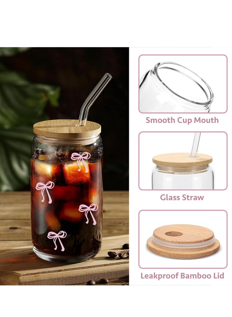 جوسكوين أكواب زجاجية مع أغطية وقشات، كوب قهوة مثلجة بزخرفة فيونكة وردية جميلة، كوب عصير لطيف مع فرشاة تنظيف، هدايا للفتيات والصديقات، 16 أونصة - Image 3