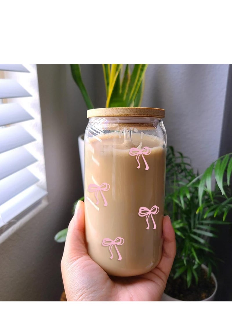 جوسكوين أكواب زجاجية مع أغطية وقشات، كوب قهوة مثلجة بزخرفة فيونكة وردية جميلة، كوب عصير لطيف مع فرشاة تنظيف، هدايا للفتيات والصديقات، 16 أونصة - Image 5