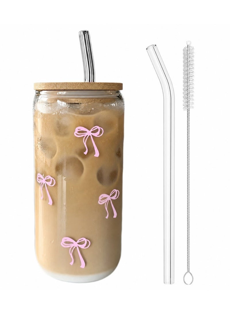 CUNUUDOOL Glass Cups with Lids and Straws, Coquette Aesthetic Pink Bow Iced Coffee Cup Decor, Cute Tumbler Smoothie with Cleaning Brush, Gifts for Girls Women Friends, 16 oz - Image 1
