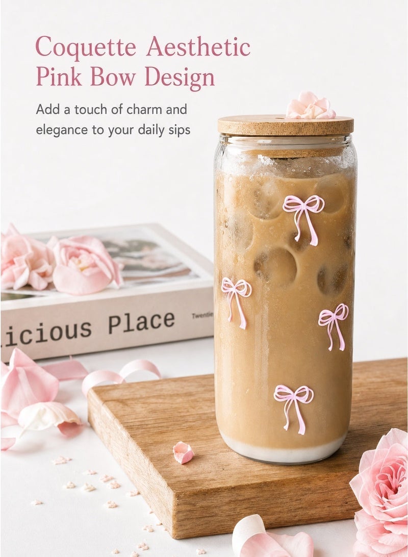 CUNUUDOOL Glass Cups with Lids and Straws, Coquette Aesthetic Pink Bow Iced Coffee Cup Decor, Cute Tumbler Smoothie with Cleaning Brush, Gifts for Girls Women Friends, 16 oz - Image 5