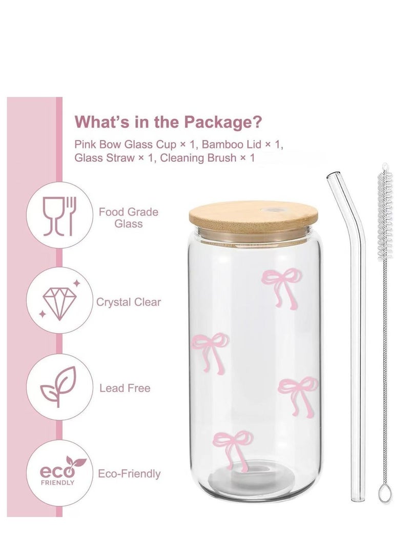 CUNUUDOOL Glass Cups with Lids and Straws, Coquette Aesthetic Pink Bow Iced Coffee Cup Decor, Cute Tumbler Smoothie with Cleaning Brush, Gifts for Girls Women Friends, 16 oz - Image 4