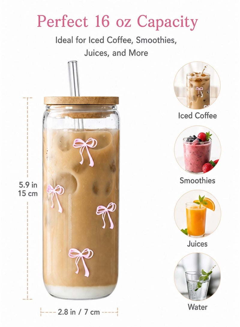 CUNUUDOOL Glass Cups with Lids and Straws, Coquette Aesthetic Pink Bow Iced Coffee Cup Decor, Cute Tumbler Smoothie with Cleaning Brush, Gifts for Girls Women Friends, 16 oz - Image 2
