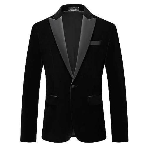 KUDORO Mens Velvet Blazer Slim Fit Suit Jacket for Men Peaked Lapel One Button Tuxedo Blazer Wedding Prom Dinner Black - Image 1
