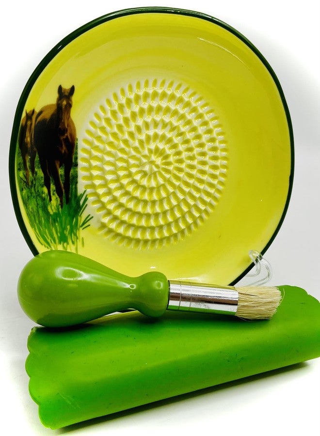 BonCera, All-in-one Premium Ceramic Garlic Grater Plate 4-Piece Set - Horse Design, Classic Style - For Garlic, Ginger, Chocolate, and more! - Comes with 5.25" Plate, Peeler, Brush, and Stand - Image 1