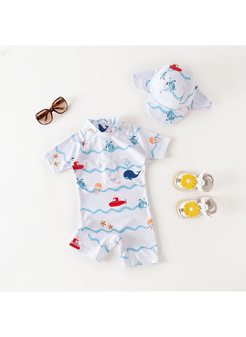 Generic - Boys One-Piece Long Sleeve Hooded Sun Protection Swimwear White Ocean World - Image 1