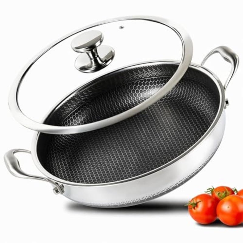 Stainless Steel Nonstick Saute Pan, Cookware with Lid, 28CM Deep Frying Pan, Nonstick Cooking Pot with Handles, Large Skillet, Wok Pan Compatible with All Cooktops, Dishwasher Safe - Image 2