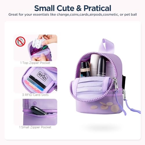 Babysun Mini Backpack Keychain Wristlet Pouch Small Change Coin Purse Cute Zipper Wallet With 3 RFID Card Slots For Women/Men Airpods Cosmetics (Purple) - Image 4