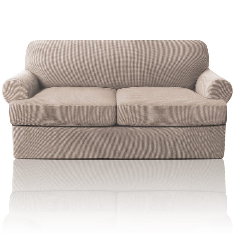 غطاء أريكة PrinceDeco T Cushion مكون من 3 قطع لأريكة T Cushion أغطية قابلة للتمدد لأريكة ذات 2 وسادة مع 2 غطاء مقعد T فردي بعرض يصل إلى 72 قابل للغسل رملي