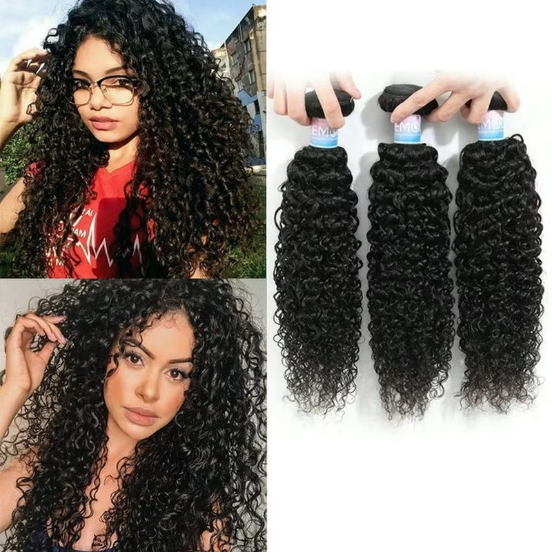 Kinky Curly Human Hair Bundles  Thick Curly Weave Virgin Hair Full Head Natural Black Color Can Be Dyed  3 Bundles Total 300g 18 Inch