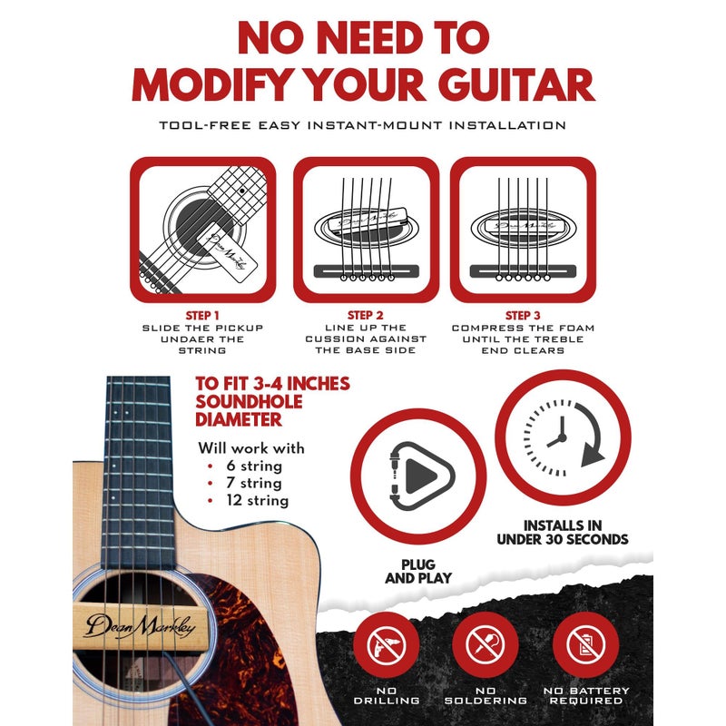 Dean Markley Pro Mag Plus Acoustic Guitar Single Coil Pickup, Smooth Maple Wood Design Active Soundhole Pickup Ebony Finish, Perfect String Balance and 15 Ft Low Noise for Steel-String Guitars - Image 5