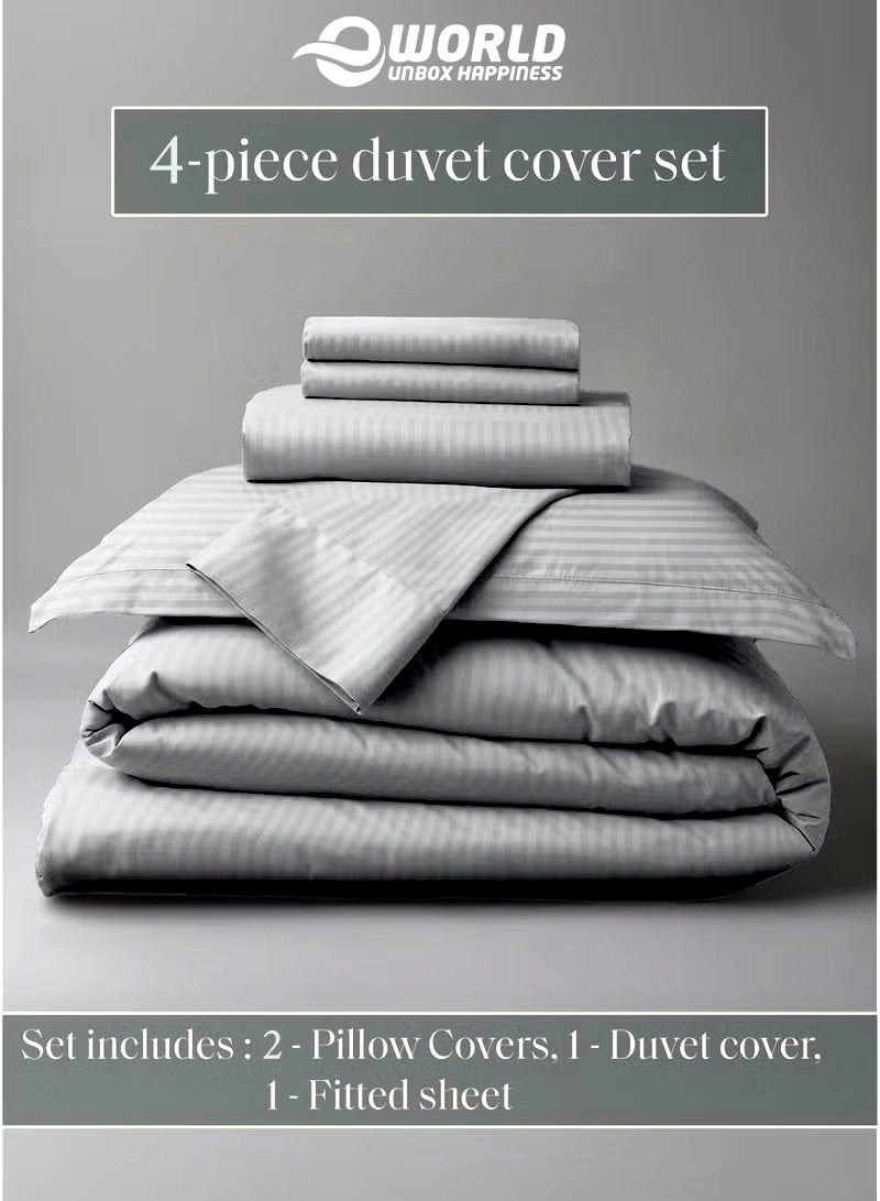 Eworld Premium Striped Duvet Set All Season – 4-Pieces Set Grey | King Size 220x240 cm | Ultra-Soft, Wrinkle-Resistant & Made in Dubai | Includes Duvet Cover, Fitted Sheet (200x200 cm) & 2 Pillowcases (50x70 cm) - Image 2