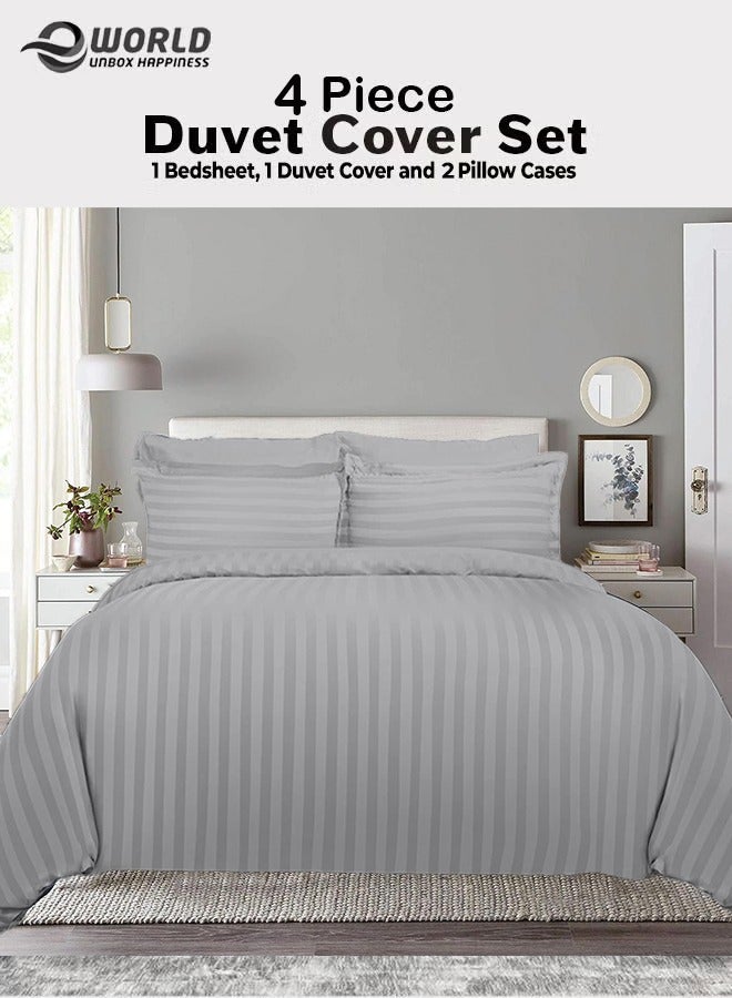 Eworld Premium Striped Duvet Set All Season – 4-Pieces Set Grey | King Size 220x240 cm | Ultra-Soft, Wrinkle-Resistant & Made in Dubai | Includes Duvet Cover, Fitted Sheet (200x200 cm) & 2 Pillowcases (50x70 cm) - Image 1