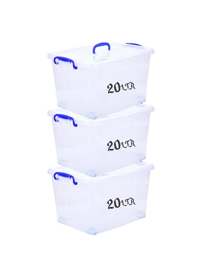 هيواري مجموعة صناديق تخزين بلاستيكية من هيوار سعة 20 لترًا، 3 قطع، مع غطاء | حاوية تخزين شفافة قابلة للقفل بمقبض | صندوق تخزين شفاف قابل للتكديس، الإمارات العربية المتحدة | صندوق منظم صغير للألعاب والملابس وأدوات المطبخ والأدوات | متعدد الاستخدامات ومتين - Image 1