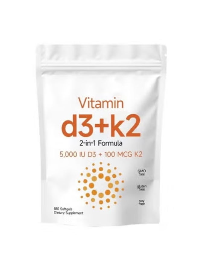 Vitamin Vitamin D3 5,000 iu Plus K2 (MK-7) 100 mcg, 180 Virgin Coconut Oil Softgels | 2 in 1 Vitamins D & K Complex | Supports Calcium Absorption, Bone, Immune, & Heart Health – Easy to Swallow  - Image 1