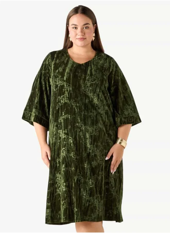 Ulla Popken Plus Size Ulla Popken Crushed Velvet Dress with Round Neck