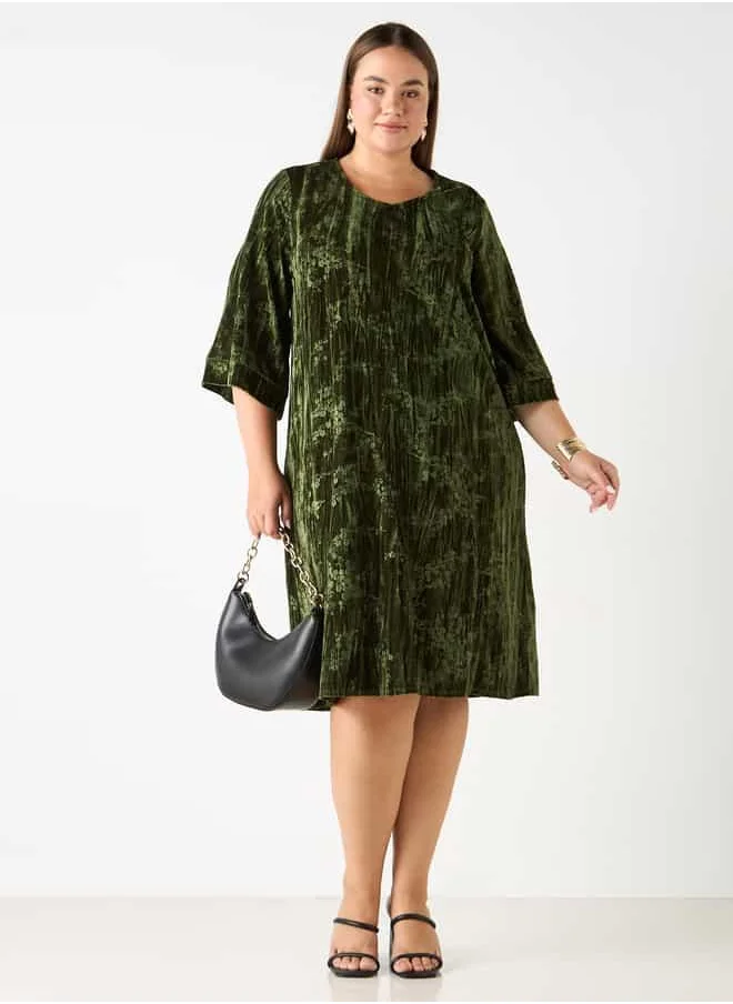 Ulla Popken Plus Size Ulla Popken Crushed Velvet Dress with Round Neck