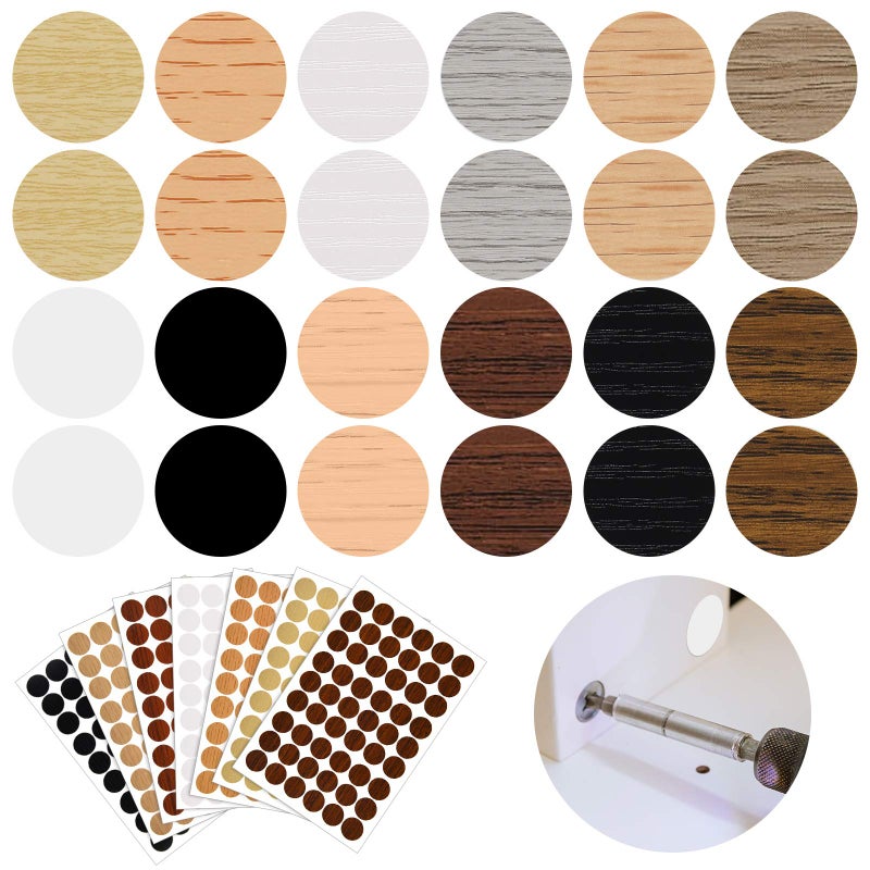 Tenare 648 Pieces Adhesive Screw Hole Cover Stickers Wood Grain Furniture Stickers 12 Colors Waterproof Screw PVC Cover Caps for Wall Cabinets Desk Repairing(Chic Style) - Image 1
