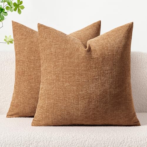 MIULEE Pack of 2 Brown Throw Pillow Covers 18x18 Inch Soft Chenille Pillow Covers for Sofa Living Room Couch Solid Dyed Cases - Image 1