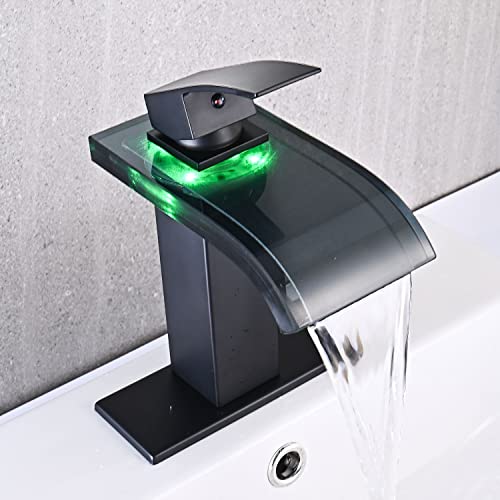 AVSIILE LED Bathroom Sink Faucet, Matte Black Waterfall Single Hole Handle Vanity Faucets for Sinks 1 Hole with Metal Pop Up Drain and 2 Water Supply Lines, Wide Glass Spout - Image 2