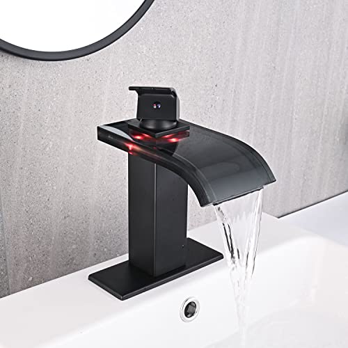 AVSIILE LED Bathroom Sink Faucet, Matte Black Waterfall Single Hole Handle Vanity Faucets for Sinks 1 Hole with Metal Pop Up Drain and 2 Water Supply Lines, Wide Glass Spout - Image 3