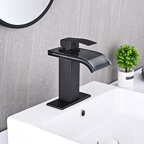 AVSIILE LED Bathroom Sink Faucet, Matte Black Waterfall Single Hole Handle Vanity Faucets for Sinks 1 Hole with Metal Pop Up Drain and 2 Water Supply Lines, Wide Glass Spout - Image 5