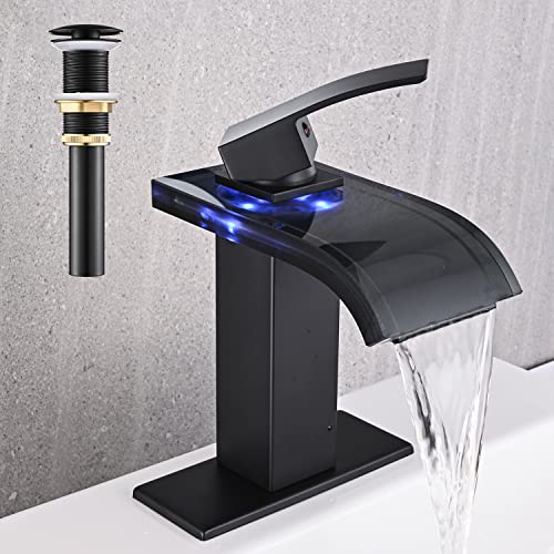 AVSIILE LED Bathroom Sink Faucet, Matte Black Waterfall Single Hole Handle Vanity Faucets for Sinks 1 Hole with Metal Pop Up Drain and 2 Water Supply Lines, Wide Glass Spout - Image 1