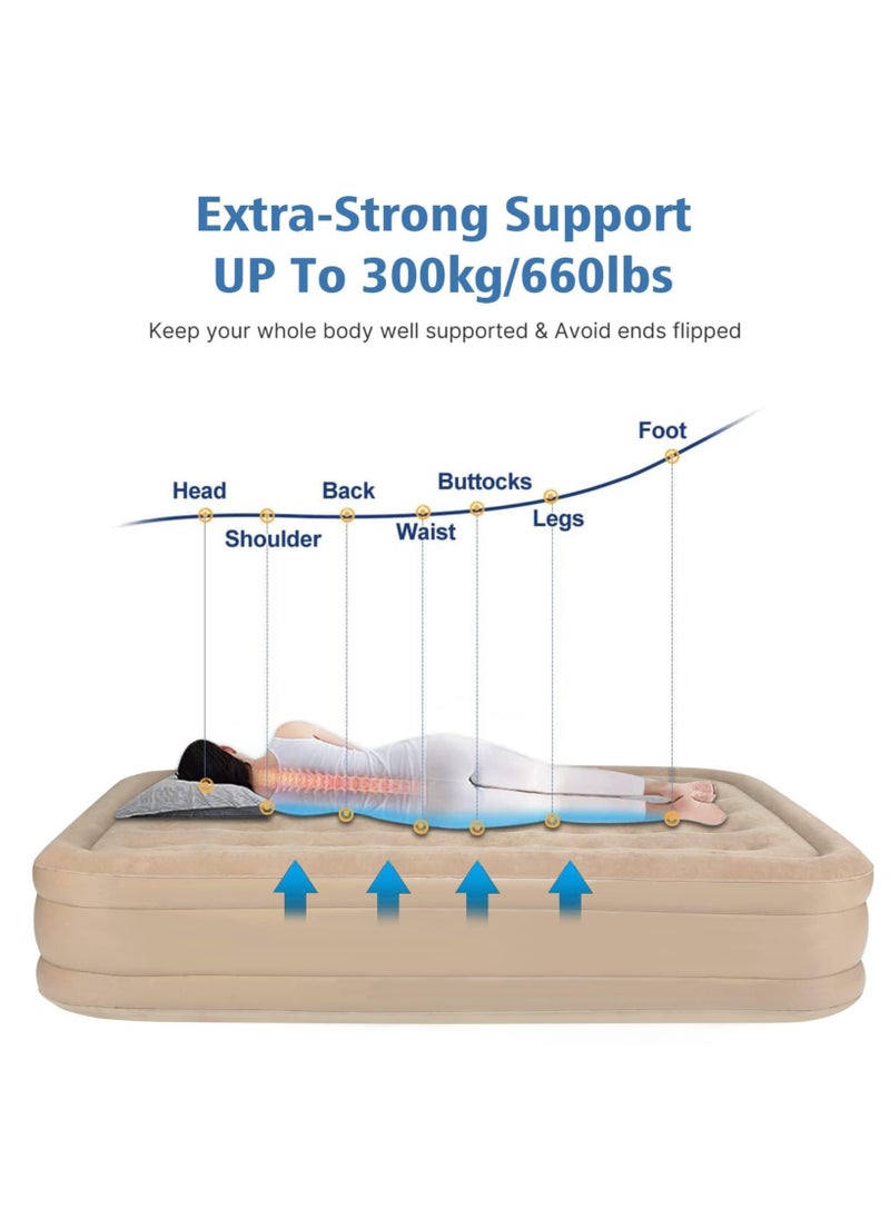 Generic - Double Air Bed with Built-in Air Pump, Inflatable Queen Mattress, One-Button Inflate/Deflate, Ultra-Plush Fiber Technology for Home, Travel & Camping, 78 x 56 x 15 Inches - Tan - Image 1