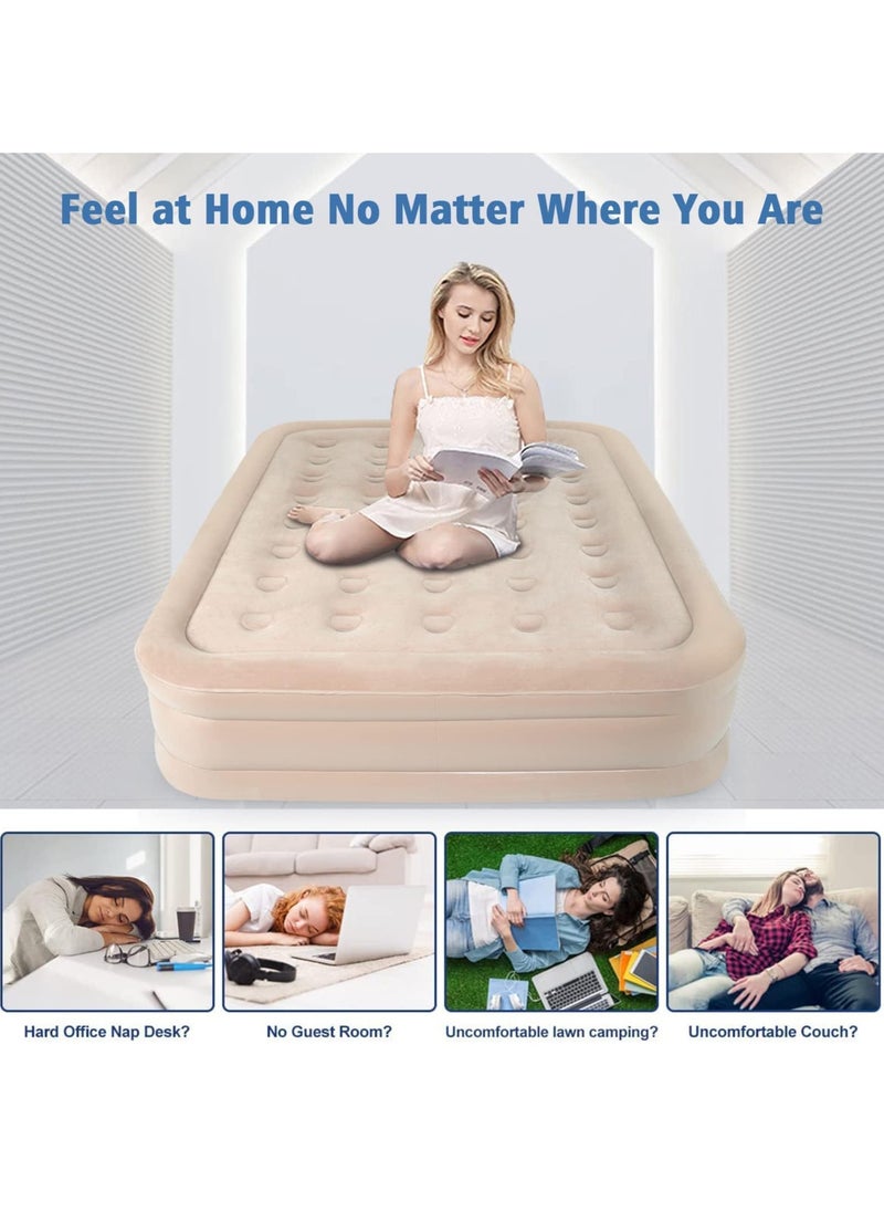Generic - Double Air Bed with Built-in Air Pump, Inflatable Queen Mattress, One-Button Inflate/Deflate, Ultra-Plush Fiber Technology for Home, Travel & Camping, 78 x 56 x 15 Inches - Tan - Image 1