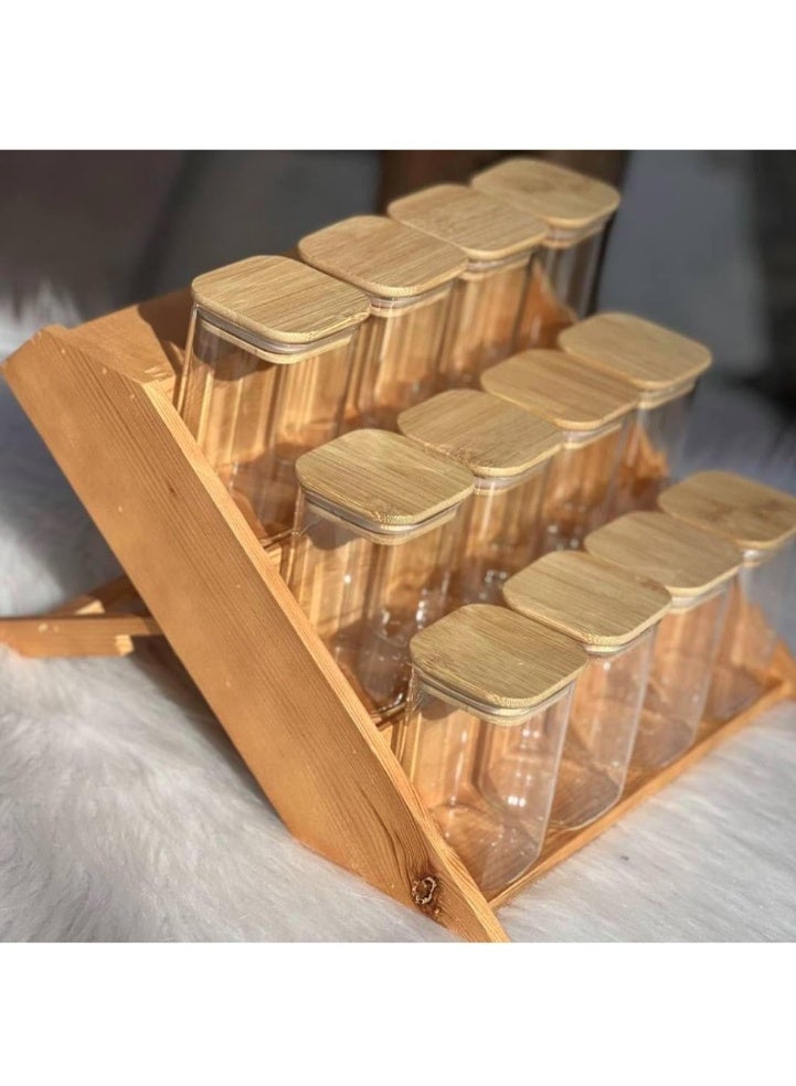 إيباسكت برطمانات توابل مصنوعة من الاكليريك عالي الجودة مكونة من 12 برطمان بسعة 250 مل لتكفي جميع احتياجاتك التخزينية مع غطاء من الخيزران محكم الغلق وحامل خشبي قوي جميع المقاسات متوفرة ومصنوعة من مواد صحية غير ضارة. - Image 3