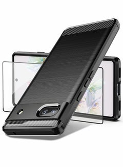 Case for Google Pixel 6A, Pixel 6a Case with Tempered Glass Screen Protector, Shock-Absorption Brushed Flexible Soft TPU Carbon Fiber Protective Cover for Google Pixel 6a 2022 (Black)