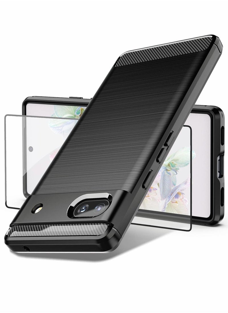 Generic - Case for Google Pixel 6A, Pixel 6a Case with Tempered Glass Screen Protector, Shock-Absorption Brushed Flexible Soft TPU Carbon Fiber Protective Cover for Google Pixel 6a 2022 (Black) - Image 1