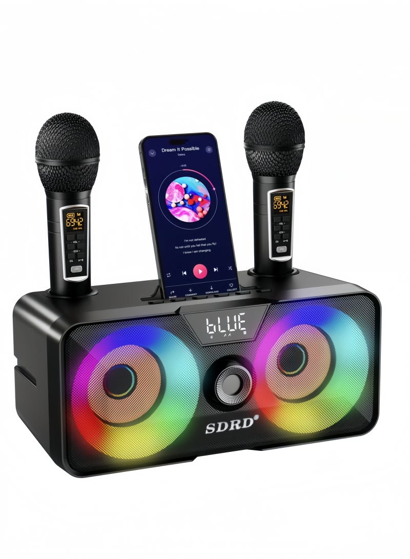 SDRD Karaoke Machine with 2 UHF Wireless Microphones, Portable Bluetooth Speaker - Image 1