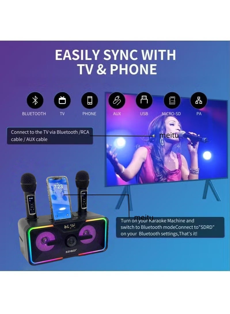 SDRD Karaoke Machine with 2 UHF Wireless Microphones, Portable Bluetooth Speaker - Image 2