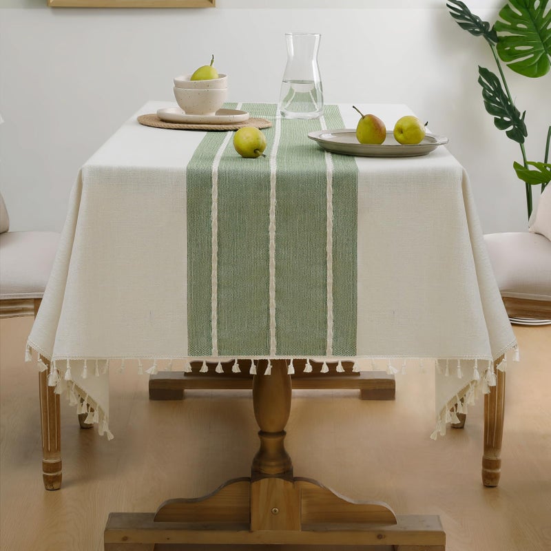 Softalker Linen Tablecloth Rectangle, Outdoor Waterproof Burlap Cotton Farmhouse Table Cloths with Tassel, Heavy Weight Wrinkle Free Table Cover for Dining, Party, Rustic - 55 x 84 Inch, Sage Lines - Image 1