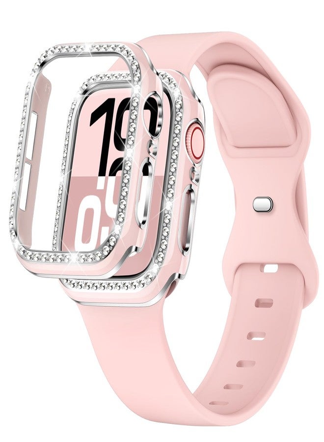 XYF Compatible for Bling Apple Watch Band 42mm Series 10 TPU Strap with Protective Bling Bumper Case Cover, Women Soft Silicone for iWatch SE Series 10 9 8 7 6 5 4 3 2 1 (Pinksand, 42mm) - Image 1