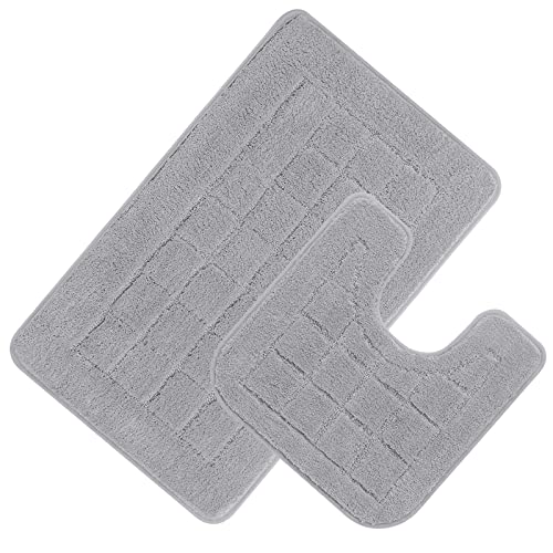 HEBE Bath Rug Set 2 Piece Grey Non Slip Bathroom Contour Rug Combo Microfiber Bath Shower Mat and UShaped Toilet Rug Machine Washable21x3420x20