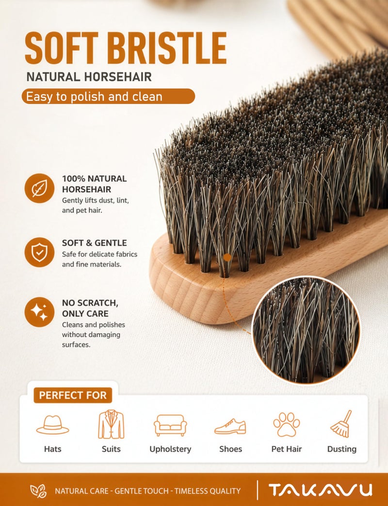 TAKAVU 10.2” Horsehair Brush, Hat Brush, Shoe Brush, Long Handle Felt Hat Cleaner, Soft Bristle Dusting Brush for Lint, Pet Hair – Wooden Wardrobe Brush for Hats, Suits, Upholstery - Image 3