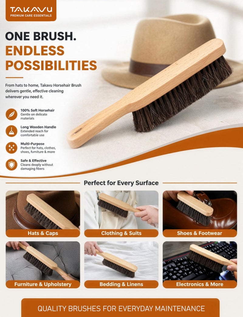TAKAVU 10.2” Horsehair Brush, Hat Brush, Shoe Brush, Long Handle Felt Hat Cleaner, Soft Bristle Dusting Brush for Lint, Pet Hair – Wooden Wardrobe Brush for Hats, Suits, Upholstery - Image 5