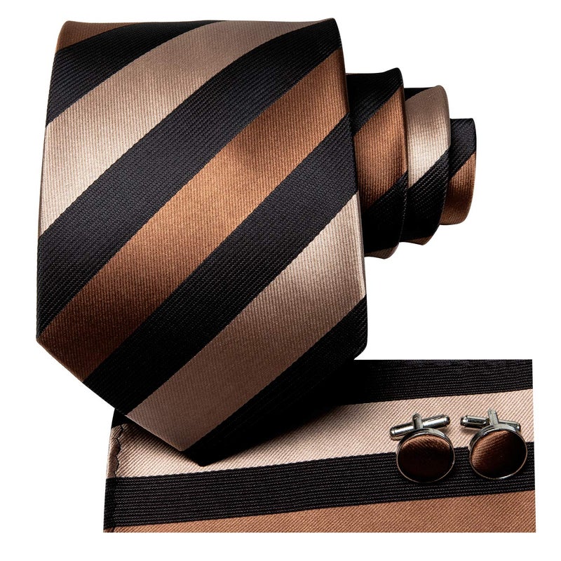 Dubulle Black Brown Tie and Lapel Pin for Men Mens Chestnut Brown Striped Necktie and Pocket Square Cufflinks Party - Image 5