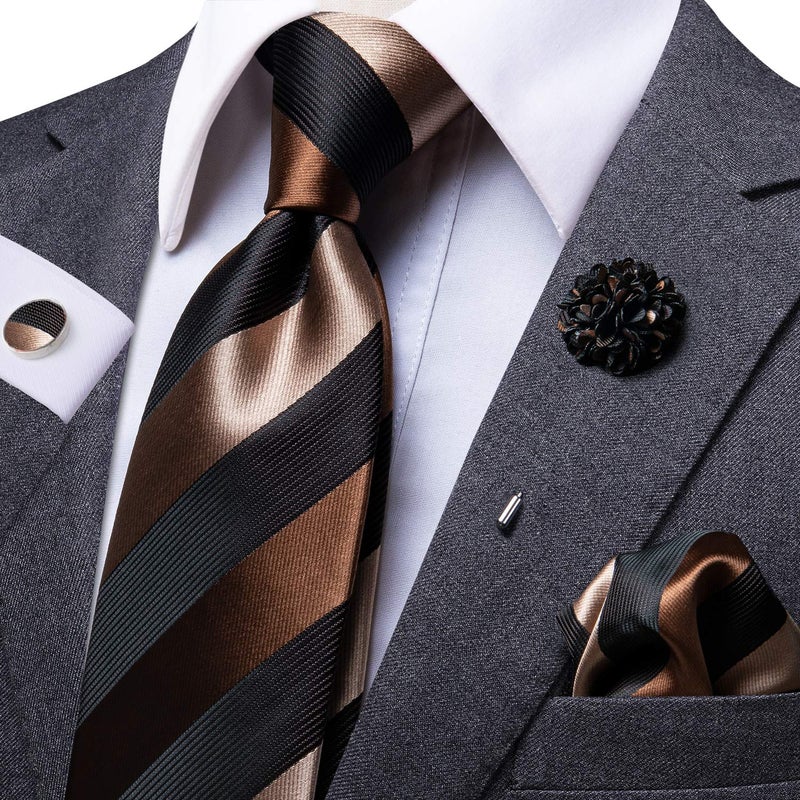 Dubulle Black Brown Tie and Lapel Pin for Men Mens Chestnut Brown Striped Necktie and Pocket Square Cufflinks Party - Image 3