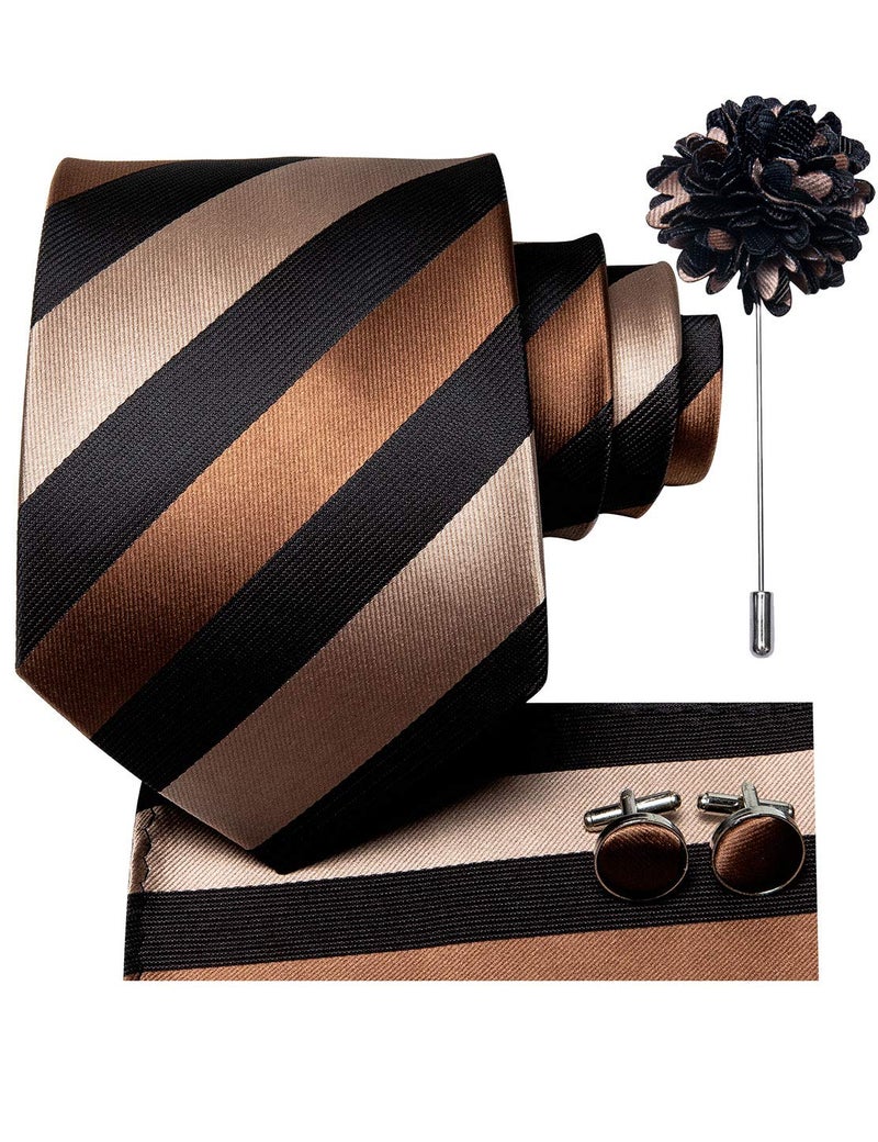 Dubulle Black Brown Tie and Lapel Pin for Men Mens Chestnut Brown Striped Necktie and Pocket Square Cufflinks Party - Image 2