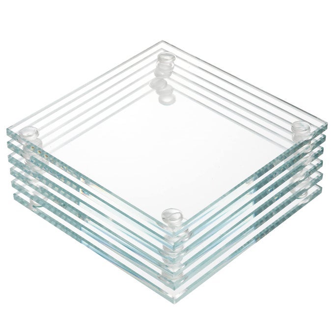 YOUEON Set of 6 Square Glass Drink Coasters 35x35 Crystal Coasters for Drinks Decorative Clear Glass Plates for Mugs Cups Dining Tables Office Kitchen Home Decor and Parties