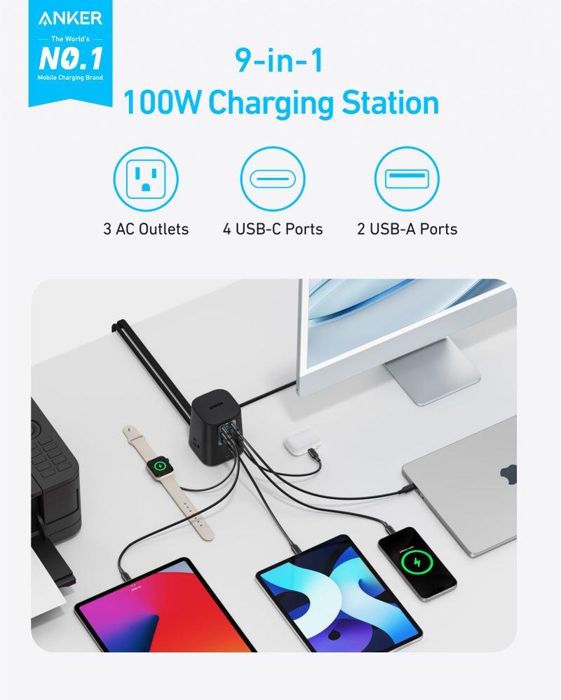 Anker Charging Station (100W), 9-in-1 USB-C Power Strip with 300J Surge Protection, for iPhone 16 and MacBook, 5 ft Flat Cable and Plug, 4 USB-C and 2 USB-A Ports, 3 AC Outlets, for Home, Office - Image 2