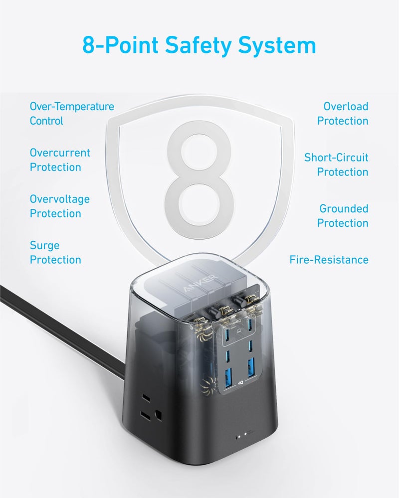Anker Charging Station (100W), 9-in-1 USB-C Power Strip with 300J Surge Protection, for iPhone 16 and MacBook, 5 ft Flat Cable and Plug, 4 USB-C and 2 USB-A Ports, 3 AC Outlets, for Home, Office - Image 4